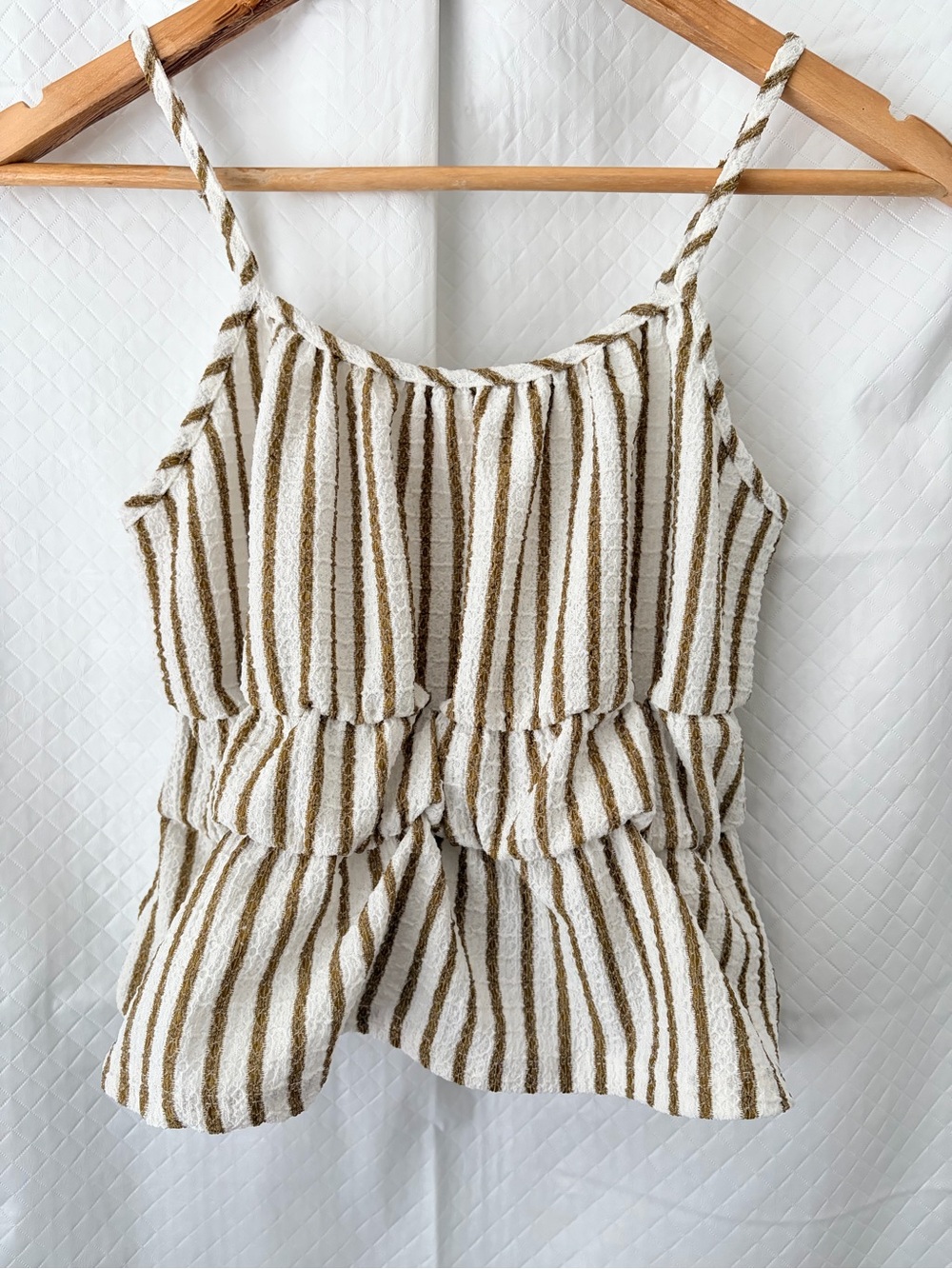 Good Luck Gem White and Brown Striped Ruffle Tank